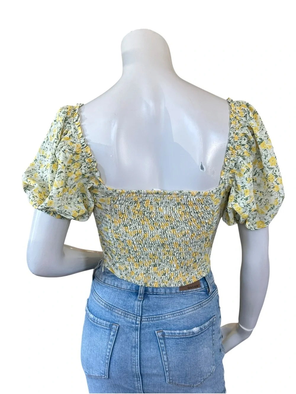 ASTR Yellow & Green Floral Puff Sleeve Milkmaid Lace Up Front Blouse Size XS
